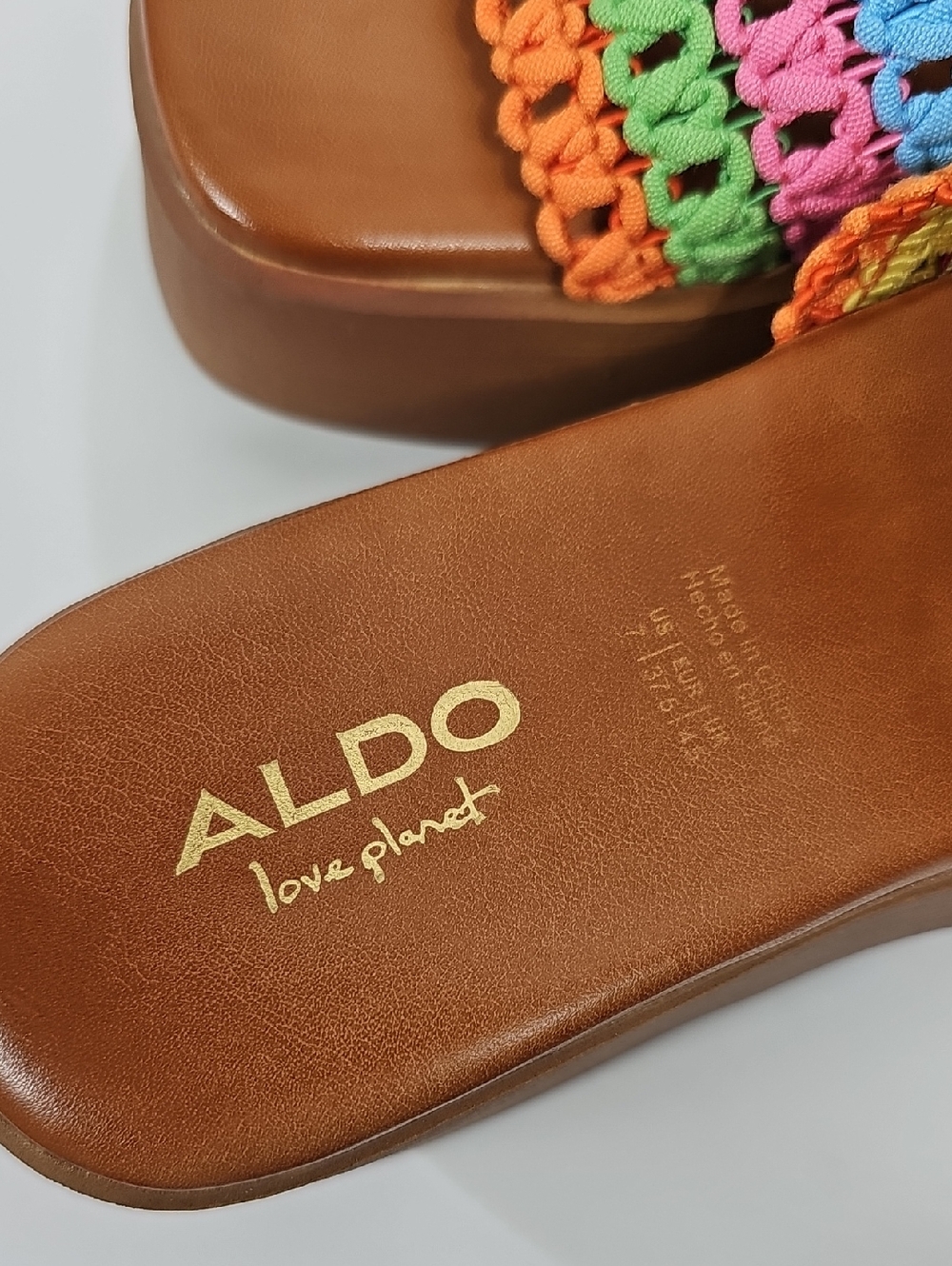 NIB Aldo Yassu Rainbow Crochet Platform Slide Sandals Crochet Multicolor Brown 7 - Picture 11 of 13